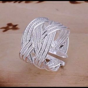 .925 plated silver braided wide band ring